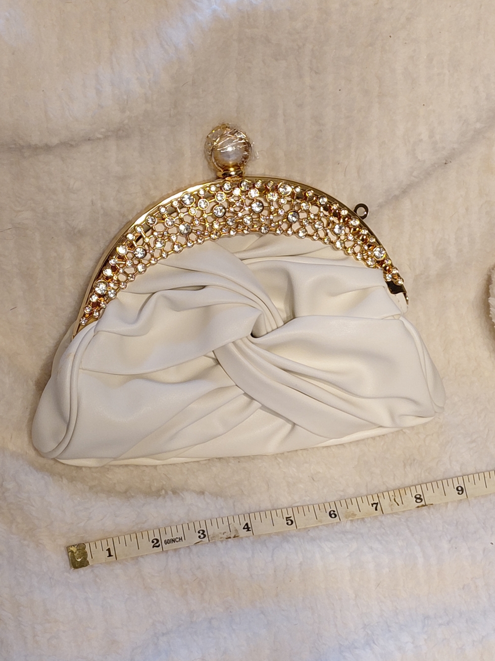 Elegant White Evening Clutch with Gold Crystal Frame